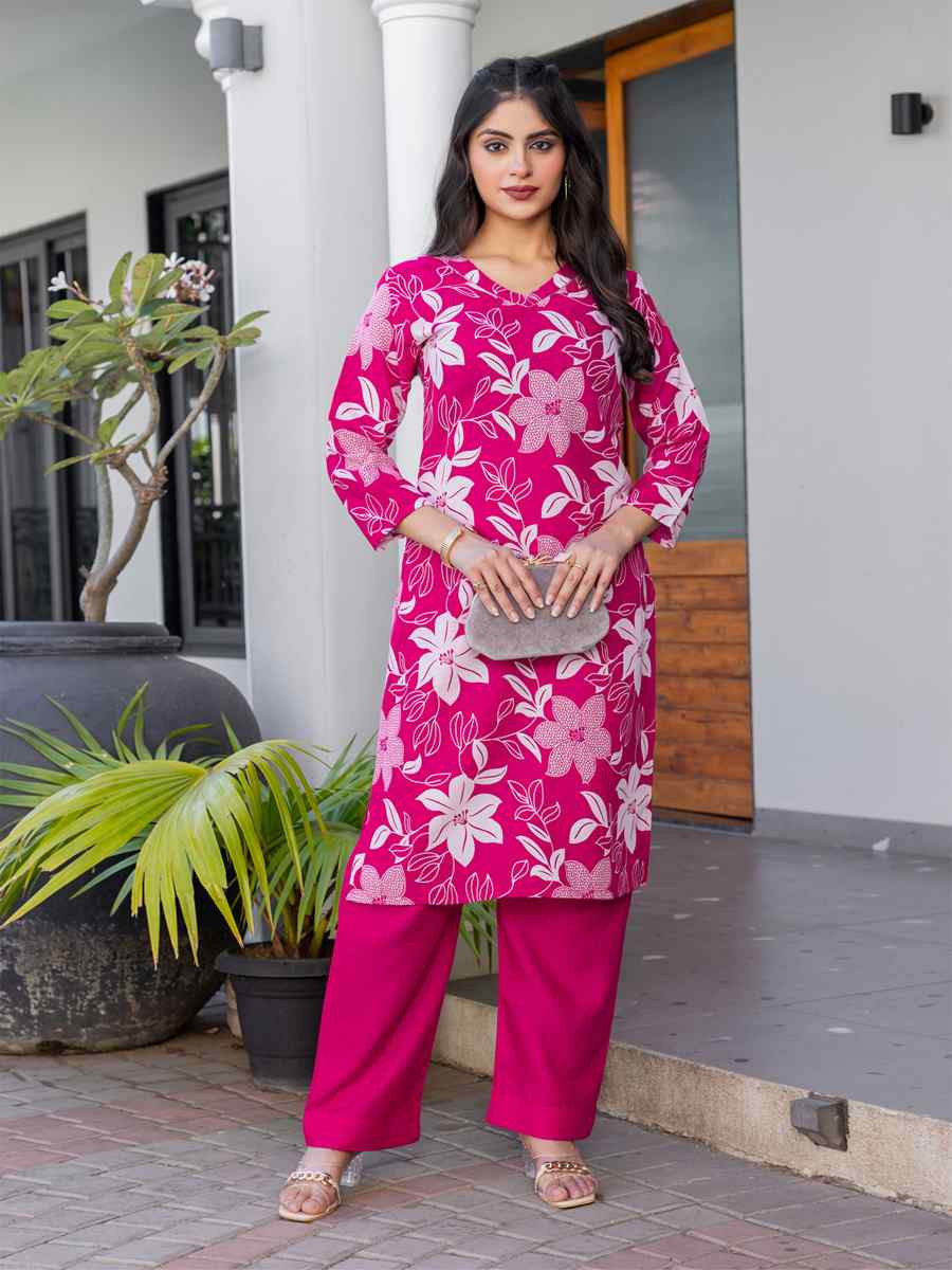 Rani Pink Cotton Blend Printed Festival Casual Kurti