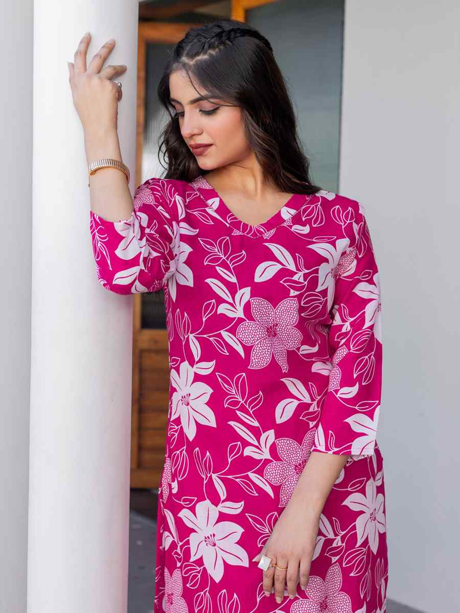 Rani Pink Cotton Blend Printed Festival Casual Kurti