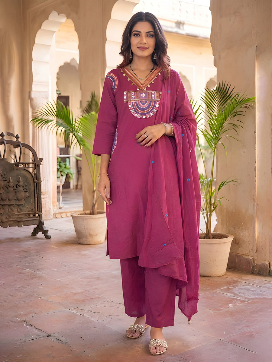 Rani Pink Cotton Embroidery Wedding Party Festival Casual Ready Palazzo Pant Salwar Kameez