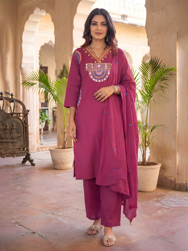 Image of Rani Pink Cotton Embroidery Wedding Party Festival Casual Ready Palazzo Pant Salwar Kameez