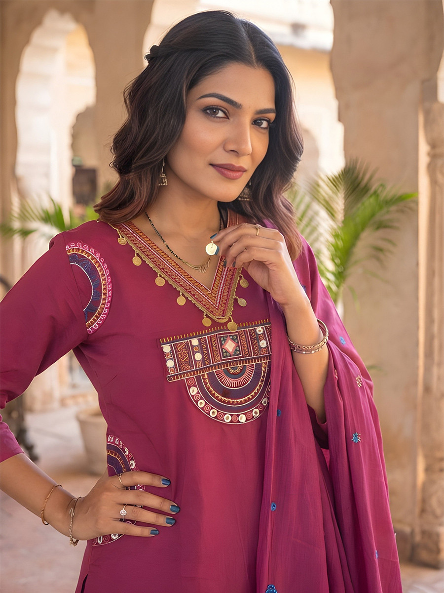 Rani Pink Cotton Embroidery Wedding Party Festival Casual Ready Palazzo Pant Salwar Kameez