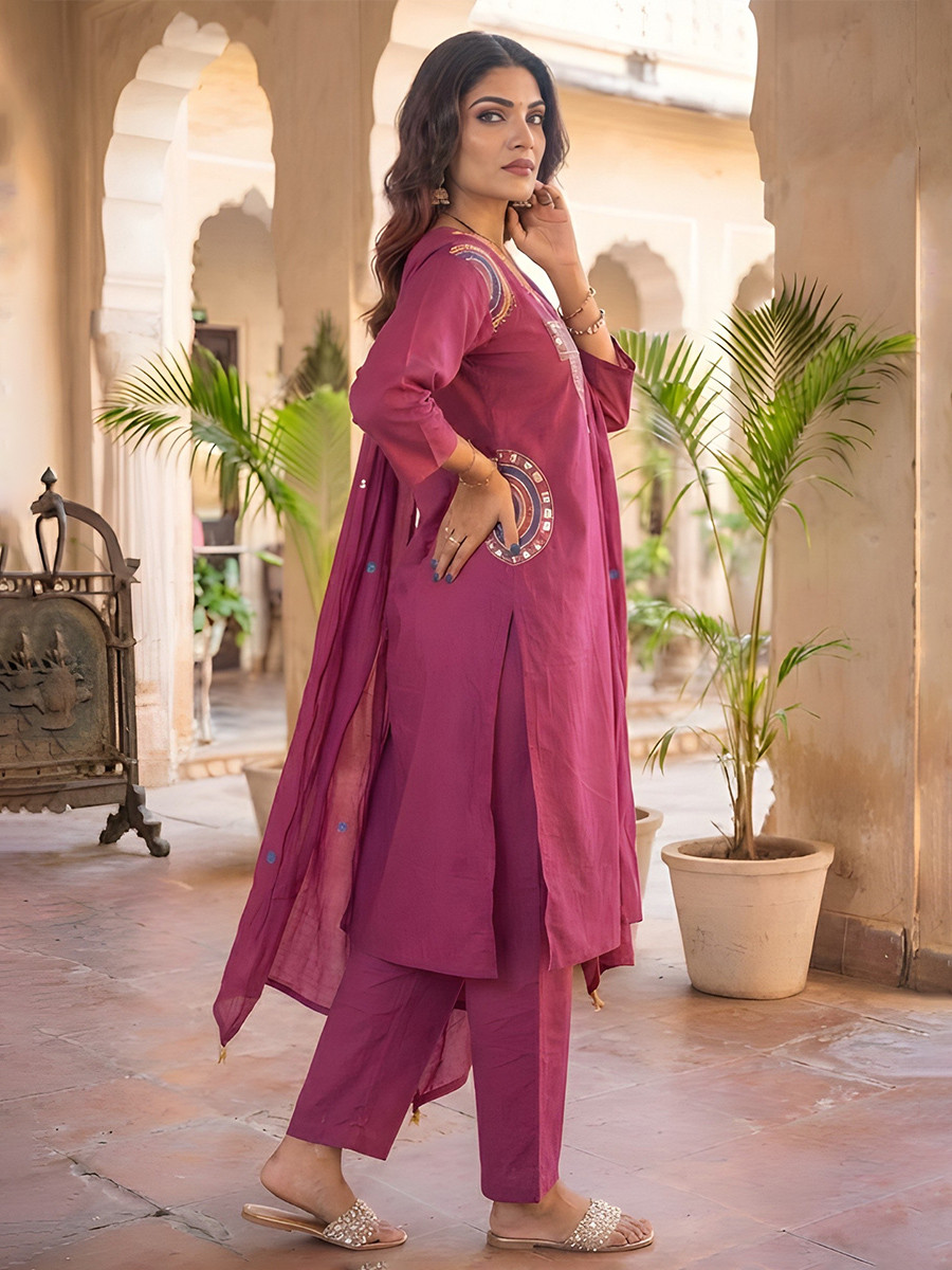 Rani Pink Cotton Embroidery Wedding Party Festival Casual Ready Palazzo Pant Salwar Kameez