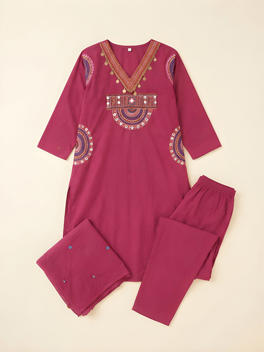 Rani Pink Cotton Embroidery Wedding Party Festival Casual Ready Palazzo Pant Salwar Kameez