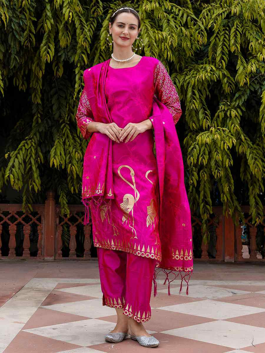 Rani Pink Cotton Silk Jacquard Work Party Wedding Festival Casual Ready Pant Salwar Kameez