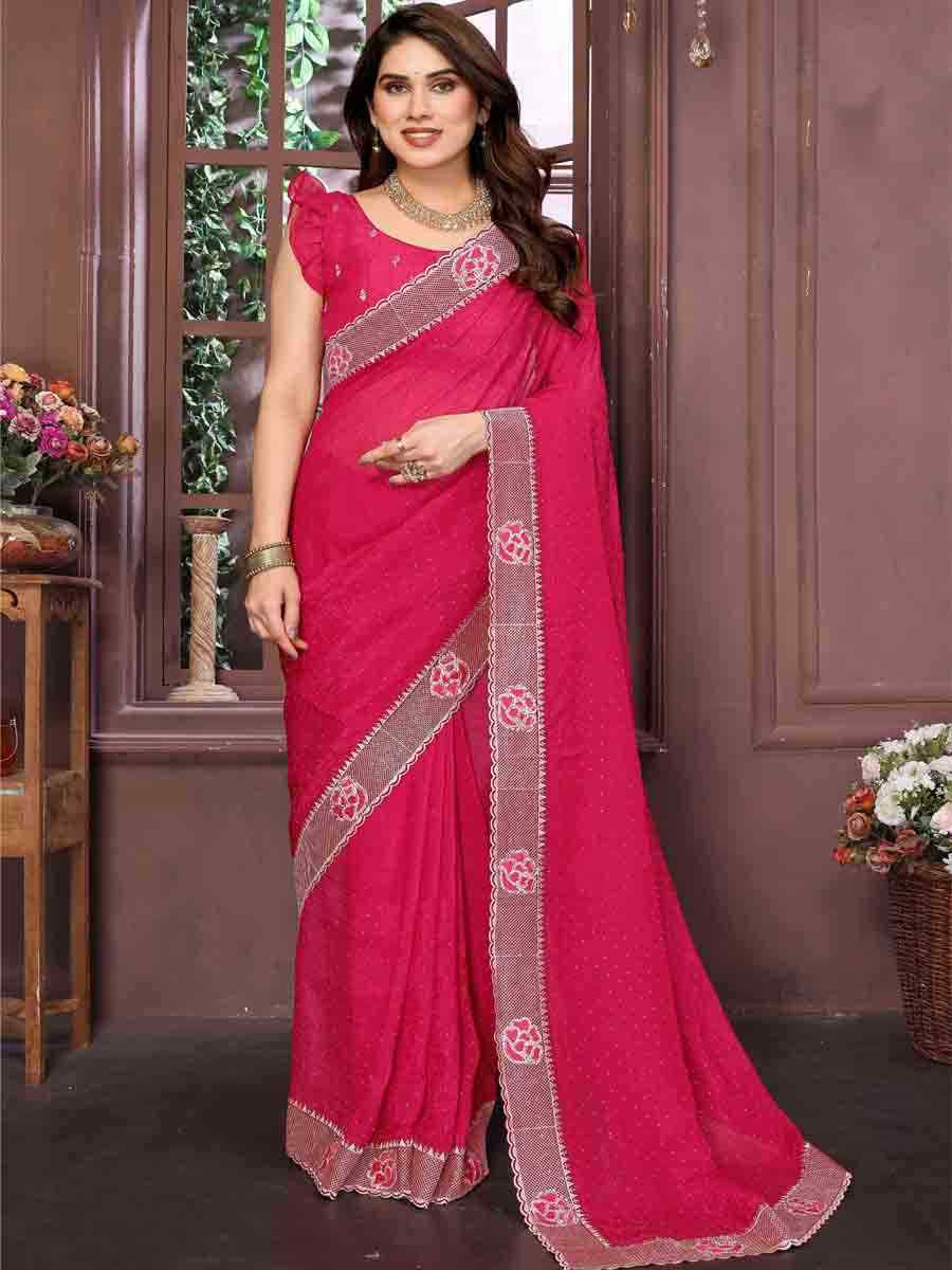 Rani Pink Crunchy Silk Embroidered Festival Wedding Fancy Heavy Border Saree