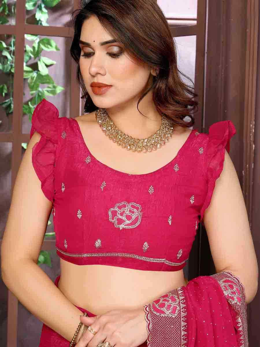 Rani Pink Crunchy Silk Embroidered Festival Wedding Fancy Heavy Border Saree