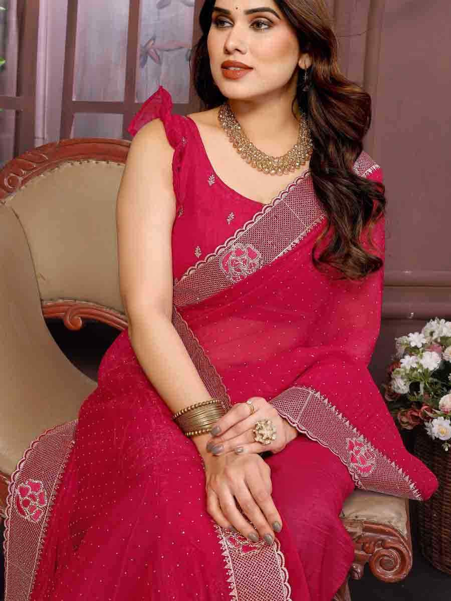 Rani Pink Crunchy Silk Embroidered Festival Wedding Fancy Heavy Border Saree