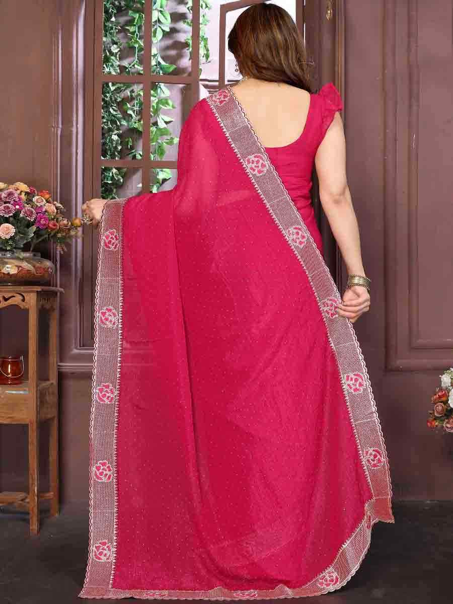 Rani Pink Crunchy Silk Embroidered Festival Wedding Fancy Heavy Border Saree