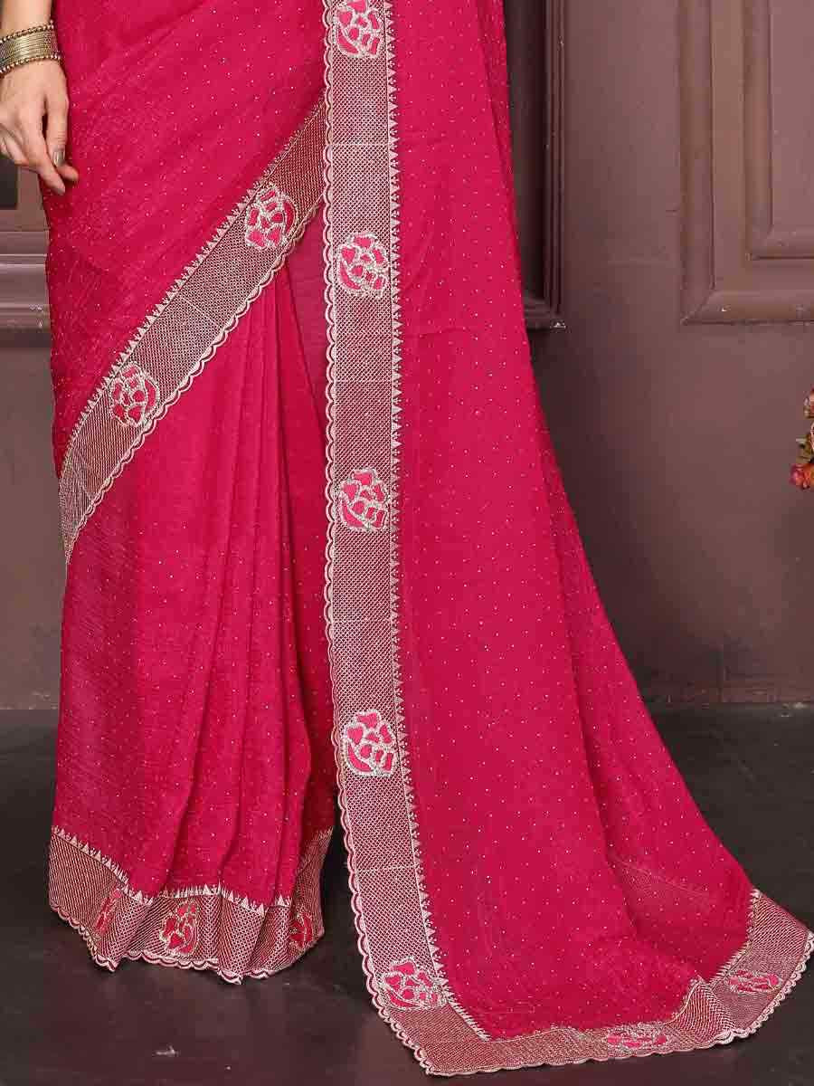 Rani Pink Crunchy Silk Embroidered Festival Wedding Fancy Heavy Border Saree