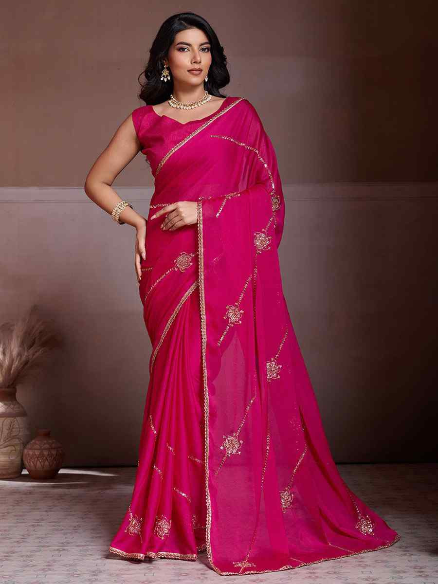 Rani Pink Crush Silk Embroidery Casual Festival Wedding Party Fancy Classic Style Sarees