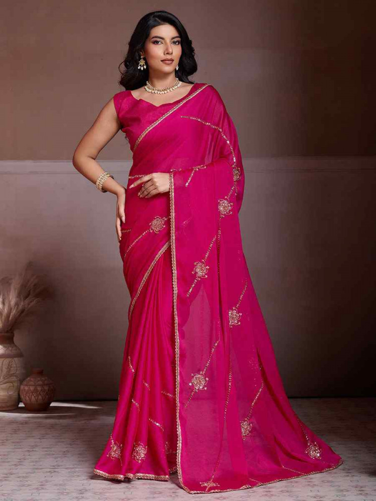 Image of Rani Pink Crush Silk Embroidery Casual Festival Wedding Party Fancy Classic Style Sarees