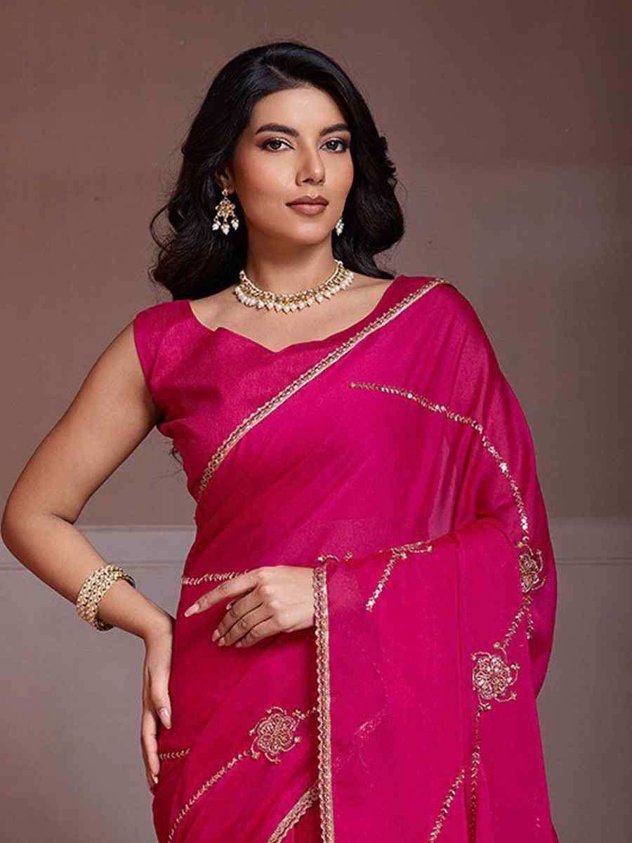 Rani Pink Crush Silk Embroidery Casual Festival Wedding Party Fancy Classic Style Sarees