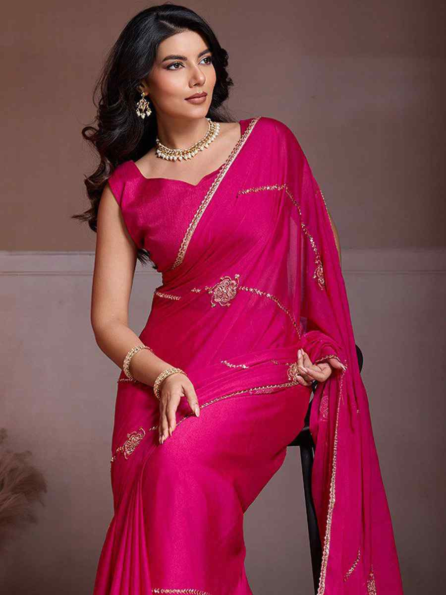 Rani Pink Crush Silk Embroidery Casual Festival Wedding Party Fancy Classic Style Sarees