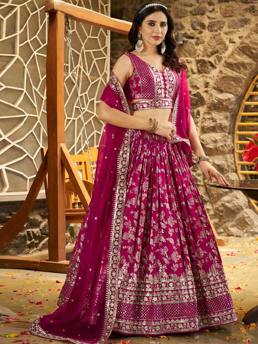 Rani Pink Dola Silk Jacquard Embroidered Reception Wedding Bridal Lehenga Choli