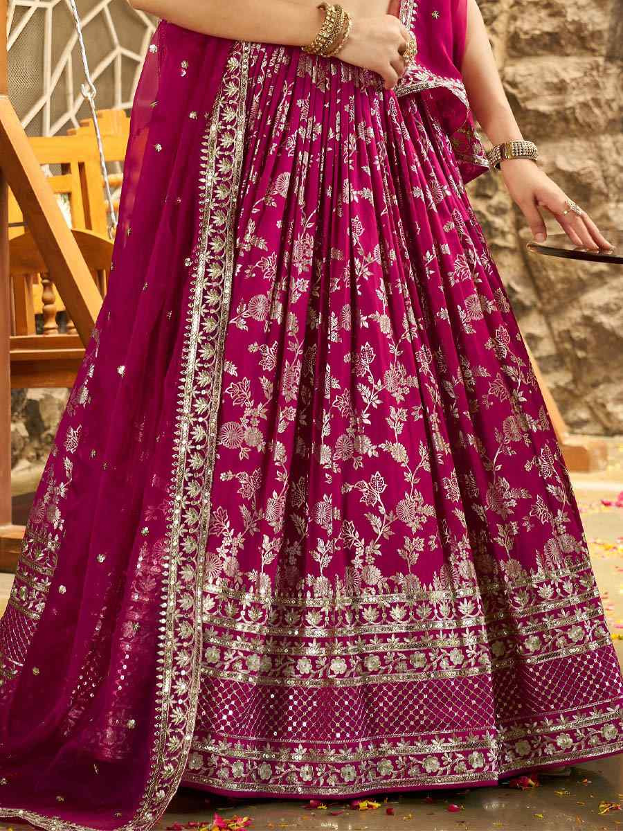 Rani Pink Dola Silk Jacquard Embroidered Reception Wedding Bridal Lehenga Choli