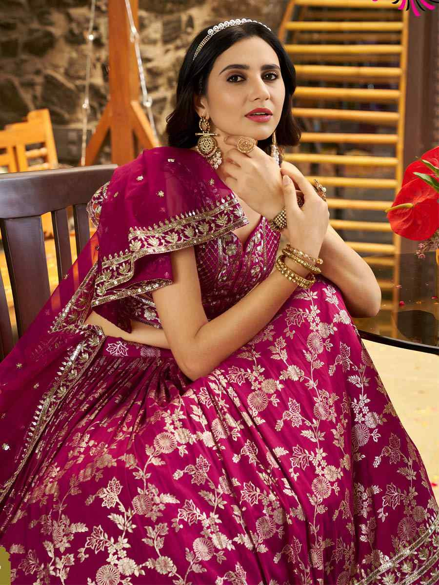 Rani Pink Dola Silk Jacquard Embroidered Reception Wedding Bridal Lehenga Choli