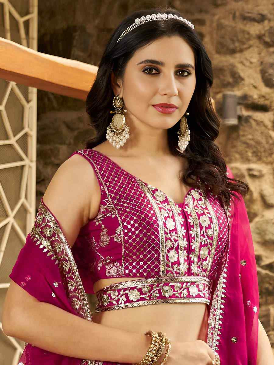 Rani Pink Dola Silk Jacquard Embroidered Reception Wedding Bridal Lehenga Choli