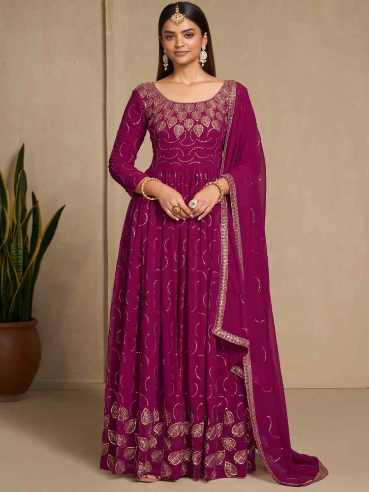 Rani Pink Faux Blooming Embroidered Festival Party Gown