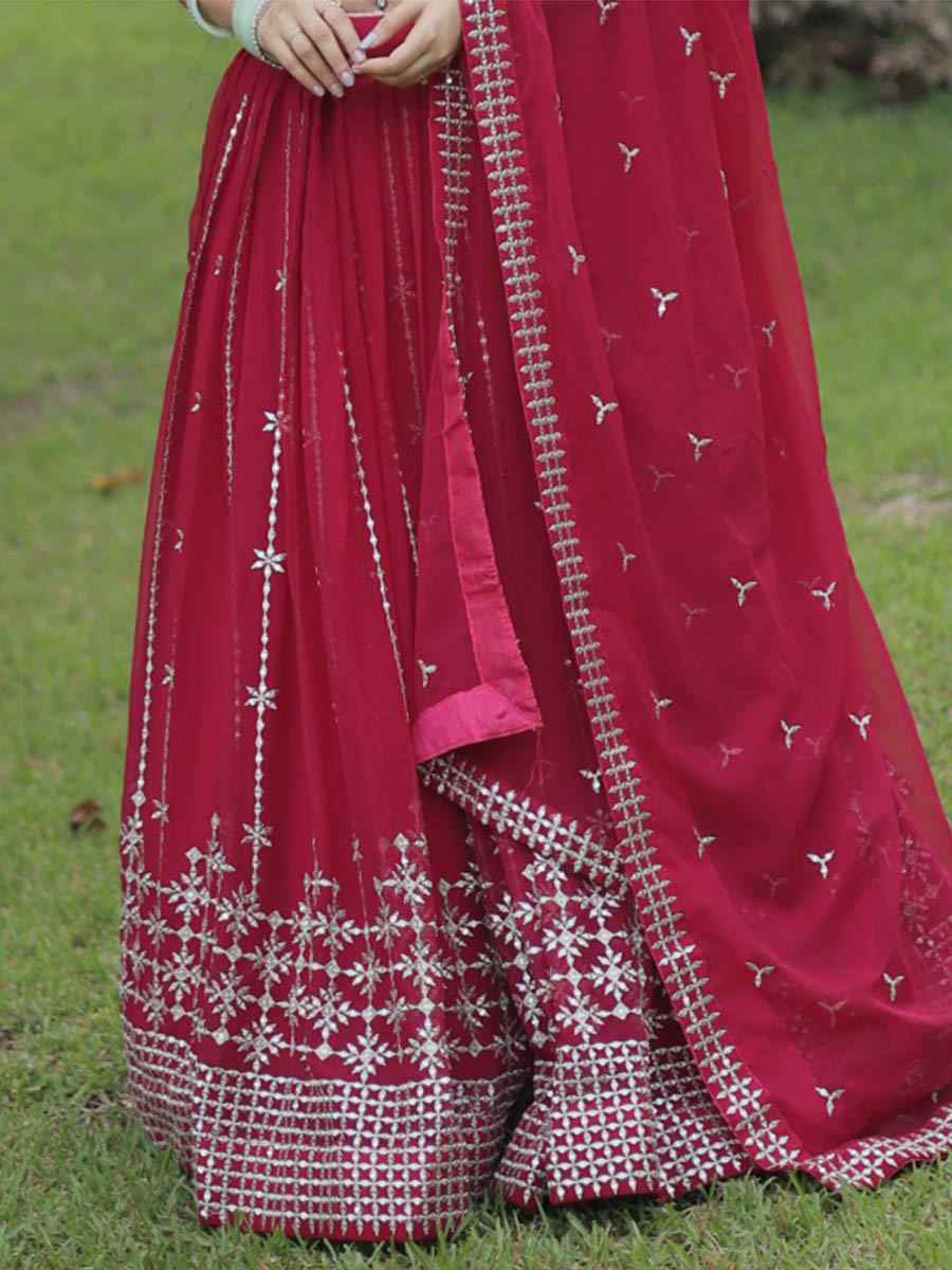 Rani Pink Faux Blooming Embroidered Reception Wedding Heavy Border Lehenga Choli