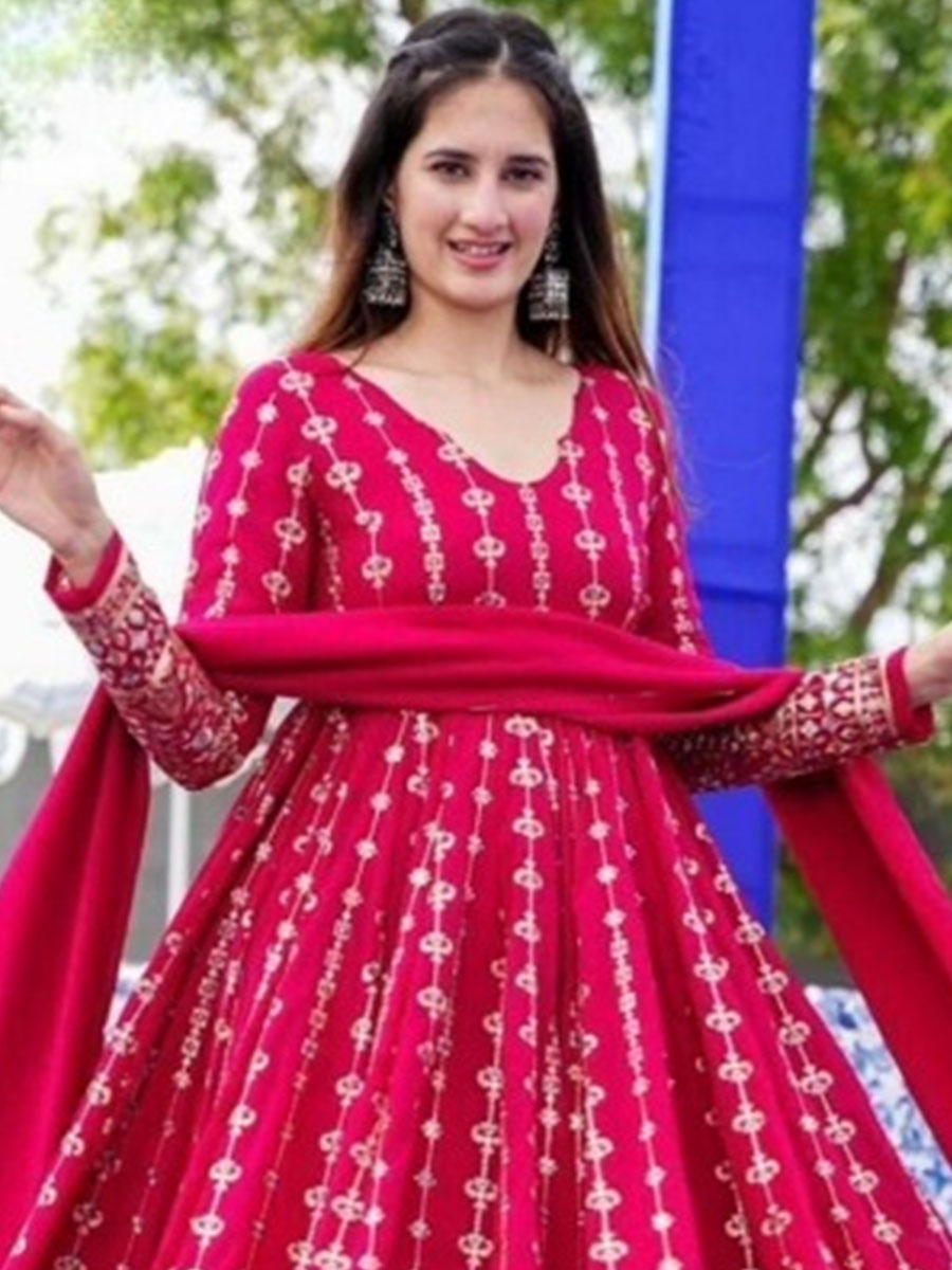 Rani Pink Faux Georgette Embroidered Festival Bridesmaid Ready Anarkali Salwar Kameez
