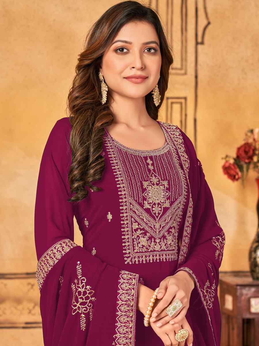 Rani Pink Faux Georgette Embroidered Party Festival Pant Salwar Kameez