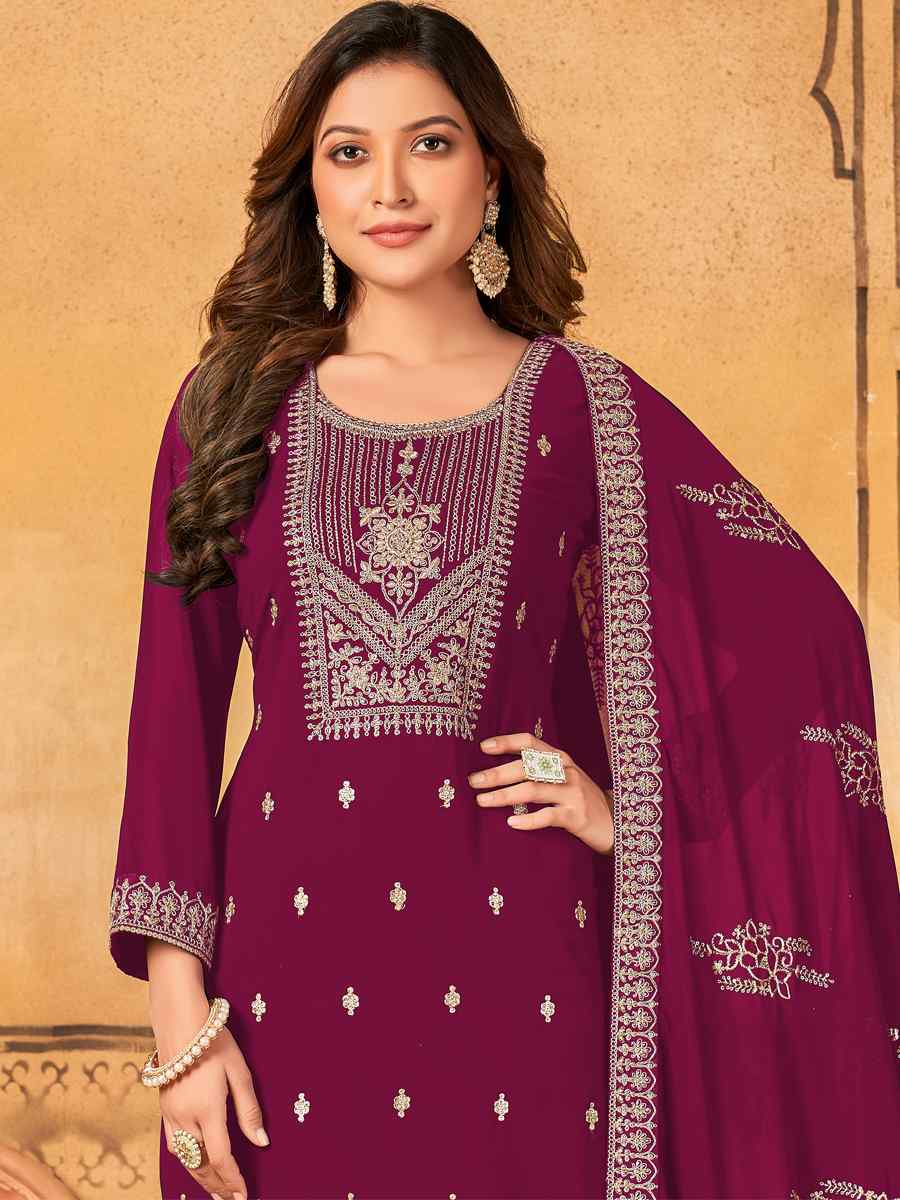Rani Pink Faux Georgette Embroidered Party Festival Pant Salwar Kameez