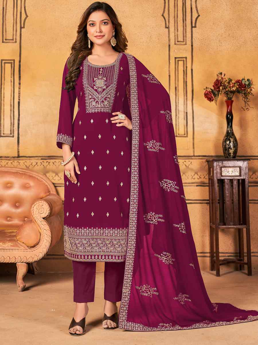 Rani Pink Faux Georgette Embroidered Party Festival Pant Salwar Kameez