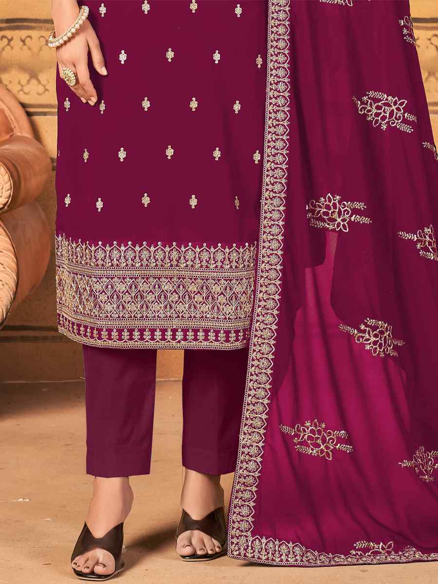 Rani Pink Faux Georgette Embroidered Party Festival Pant Salwar Kameez