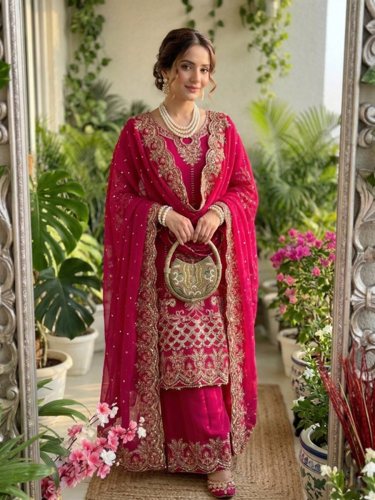Image of Rani Pink Faux Georgette Embroidery Sequins Zari Wedding Party Festival Casual Ready Palazzo Pant Salwar Kameez