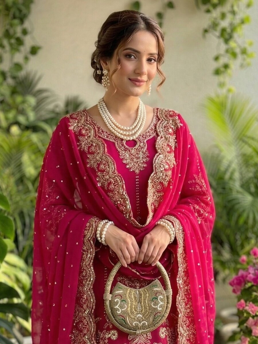 Rani Pink Faux Georgette Embroidery Sequins Zari Wedding Party Festival Casual Ready Palazzo Pant Salwar Kameez