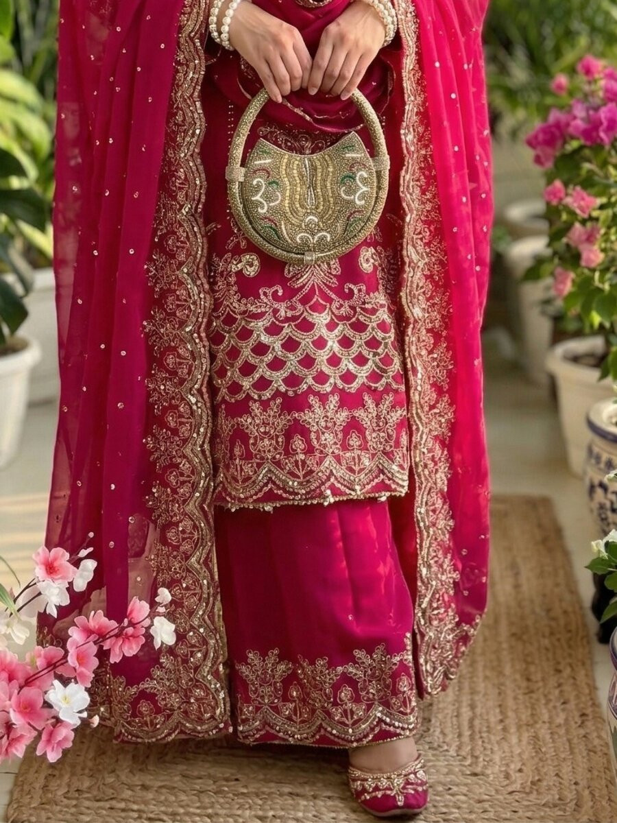 Rani Pink Faux Georgette Embroidery Sequins Zari Wedding Party Festival Casual Ready Palazzo Pant Salwar Kameez