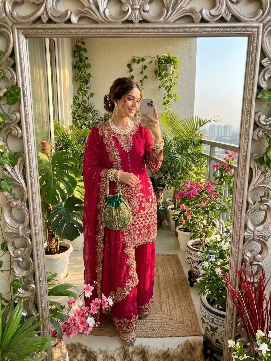 Rani Pink Faux Georgette Embroidery Sequins Zari Wedding Party Festival Casual Ready Palazzo Pant Salwar Kameez