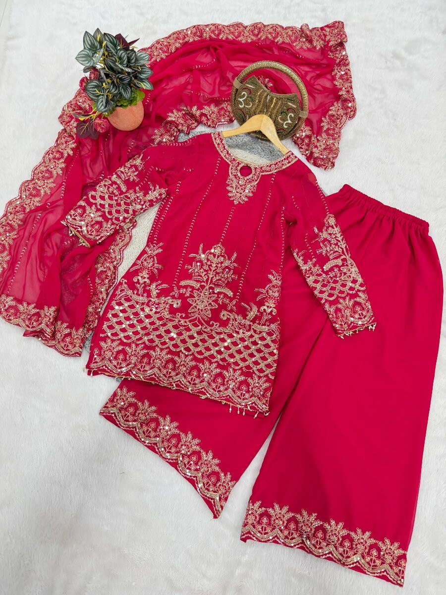 Rani Pink Faux Georgette Embroidery Sequins Zari Wedding Party Festival Casual Ready Palazzo Pant Salwar Kameez