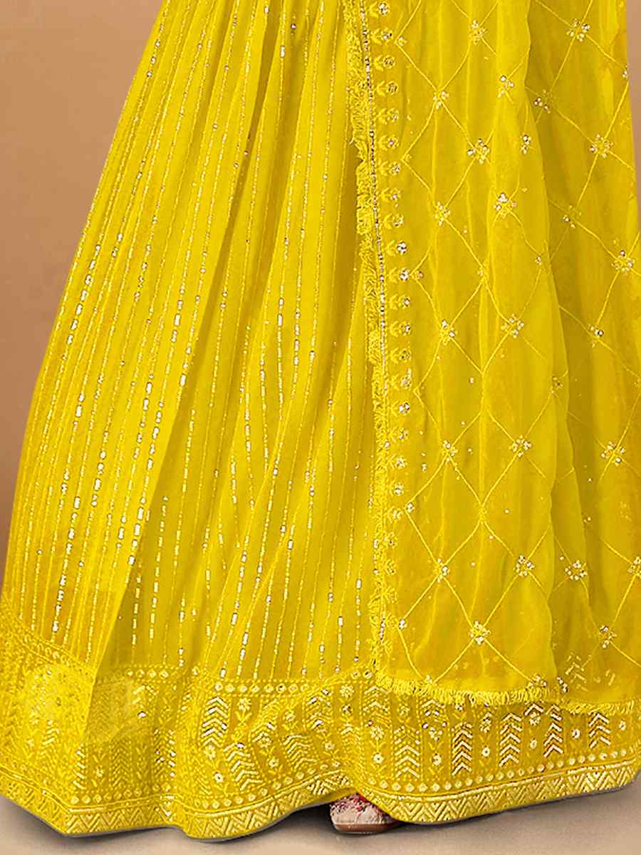 Yellow Faux Georgette Micro Silk Embroidered Festival Wedding Heavy Border Lehenga Choli