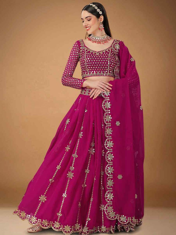Rani Pink Faux Georgette Micro Silk Embroidered Festival Wedding Heavy Border Lehenga Choli