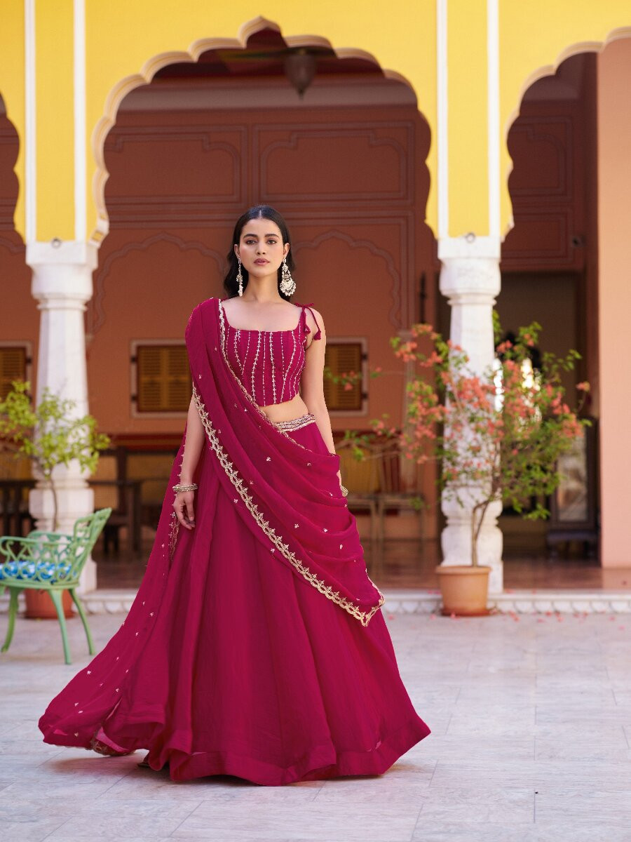 Rani Pink Fendi Embroidery Zari Wedding Reception Party Festival Circular Lehenga Choli