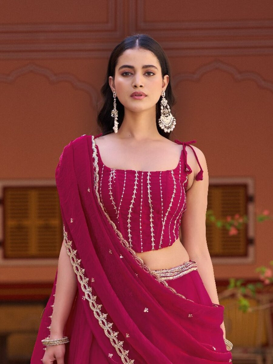 Rani Pink Fendi Embroidery Zari Wedding Reception Party Festival Circular Lehenga Choli