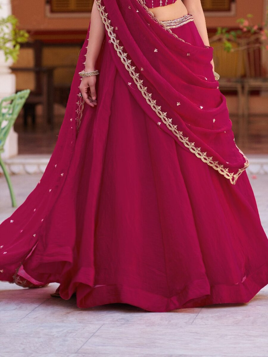 Rani Pink Fendi Embroidery Zari Wedding Reception Party Festival Circular Lehenga Choli