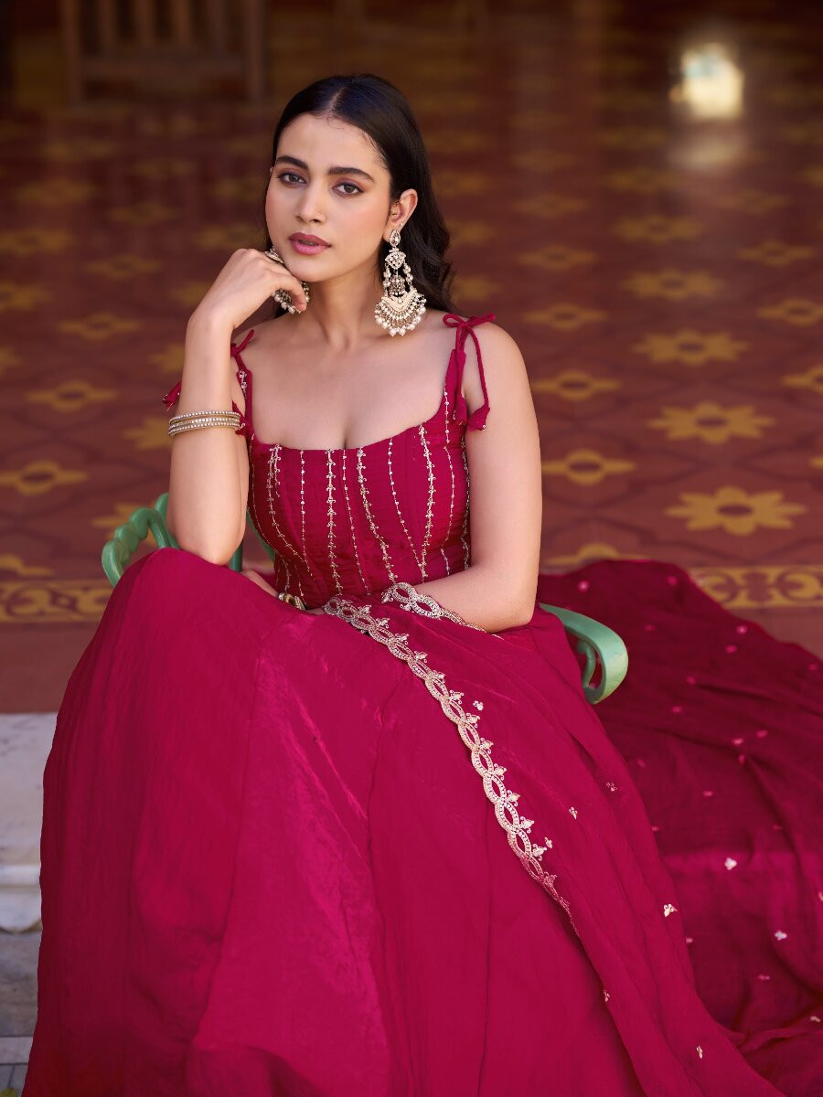Rani Pink Fendi Embroidery Zari Wedding Reception Party Festival Circular Lehenga Choli