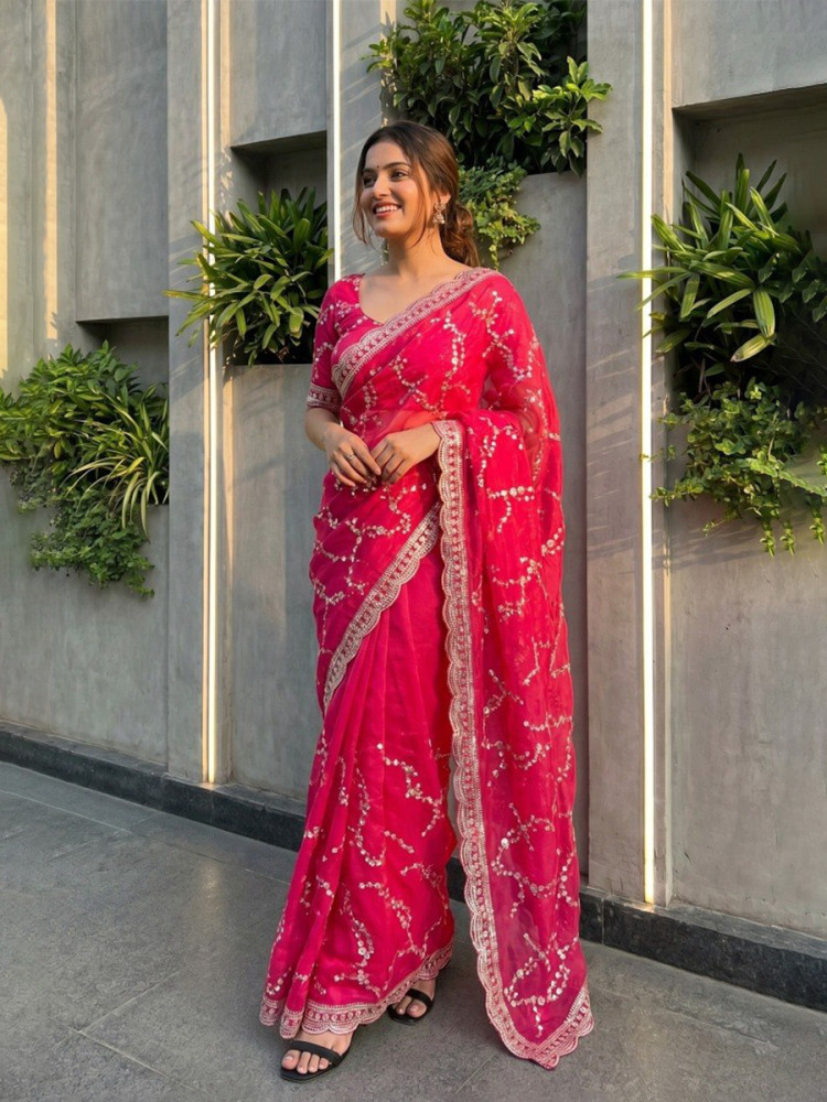 Image of Rani Pink Fendy Satin Embroidery Sequins Zari Wedding Reception Party Festival Casual Heavy Border Sarees