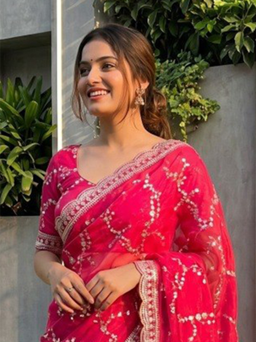 Rani Pink Fendy Satin Embroidery Sequins Zari Wedding Reception Party Festival Casual Heavy Border Sarees