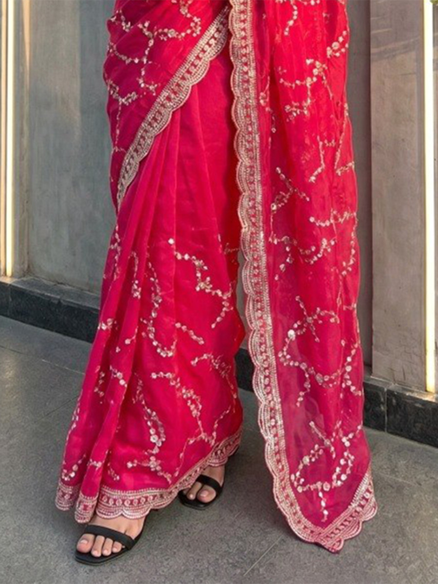 Rani Pink Fendy Satin Embroidery Sequins Zari Wedding Reception Party Festival Casual Heavy Border Sarees