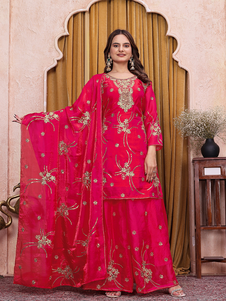 Rani Pink Fendy Silk Embroidery Sequins Wedding Party Festival Casual Ready Palazzo Pant Salwar Kameez