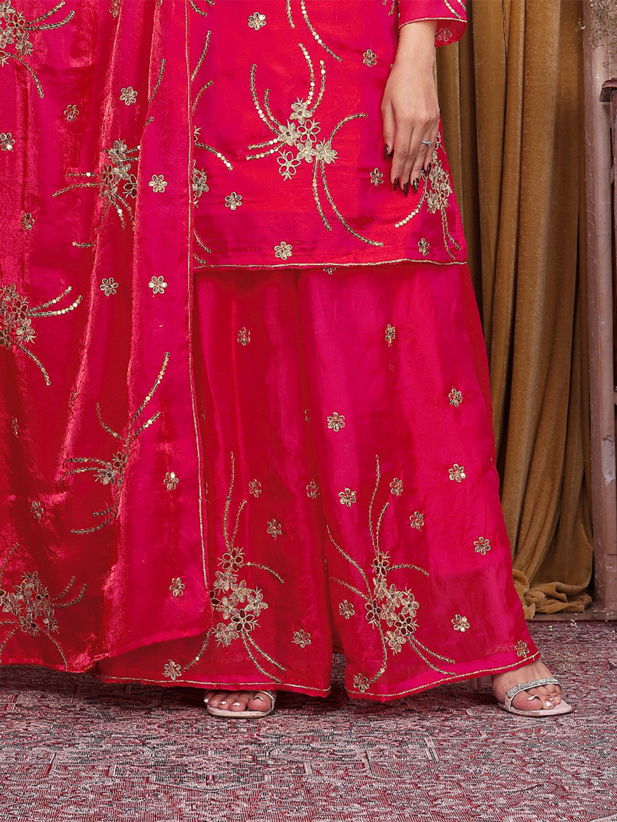 Rani Pink Fendy Silk Embroidery Sequins Wedding Party Festival Casual Ready Palazzo Pant Salwar Kameez