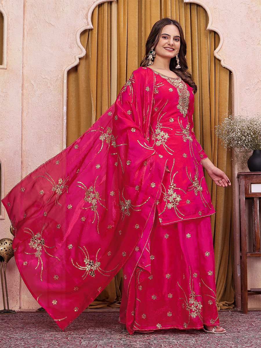 Rani Pink Fendy Silk Embroidery Sequins Wedding Party Festival Casual Ready Palazzo Pant Salwar Kameez