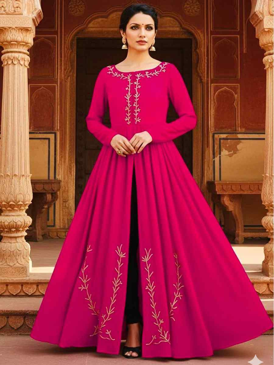 Rani Pink Georgette Embroidered Festival Casual Kurti with Bottom