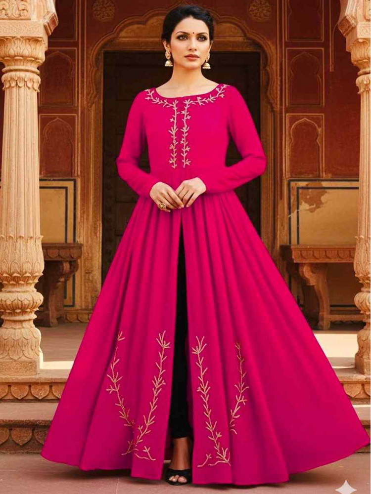 Image of Rani Pink Georgette Embroidered Festival Casual Kurti with Bottom