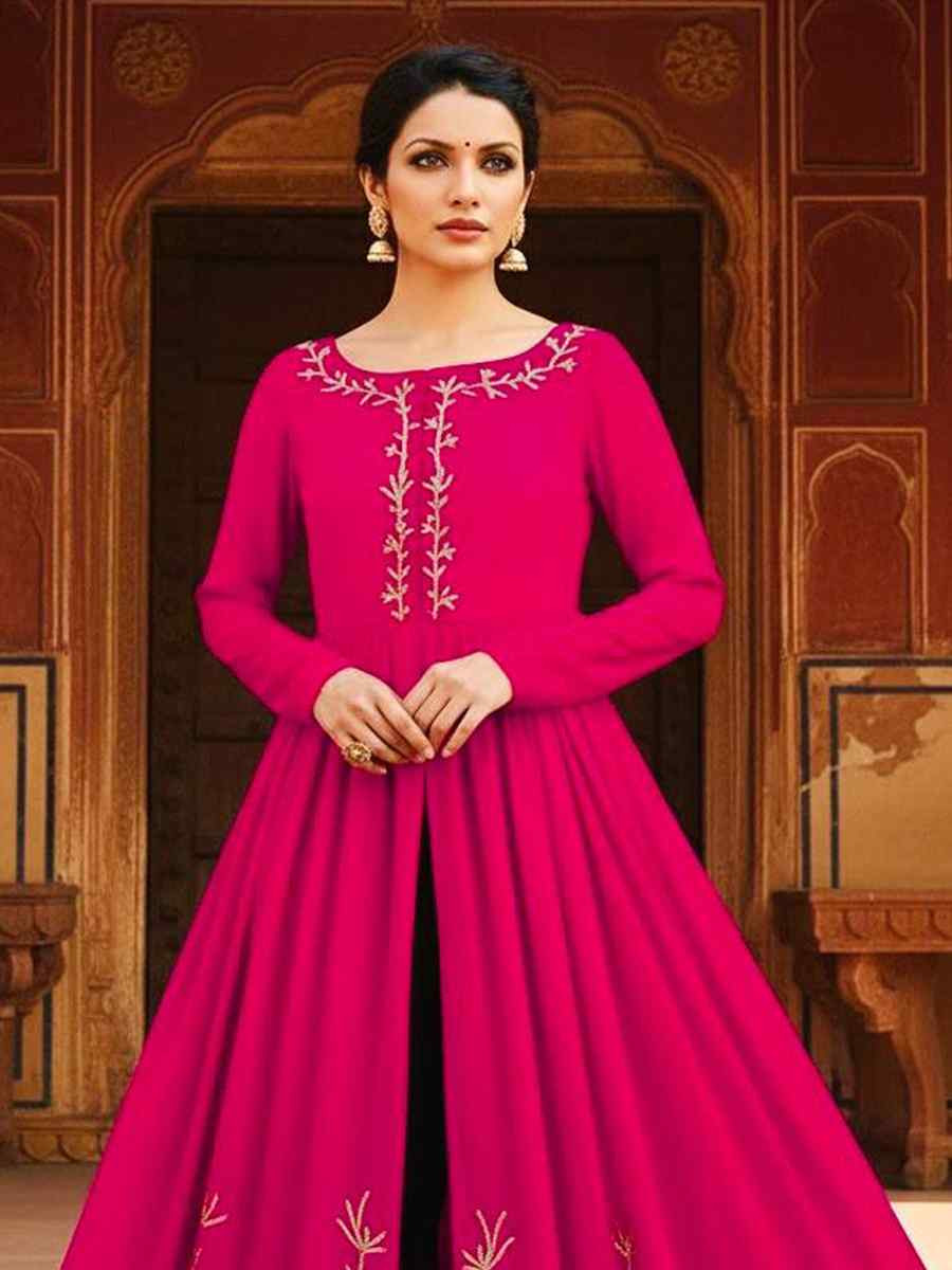 Rani Pink Georgette Embroidered Festival Casual Kurti with Bottom