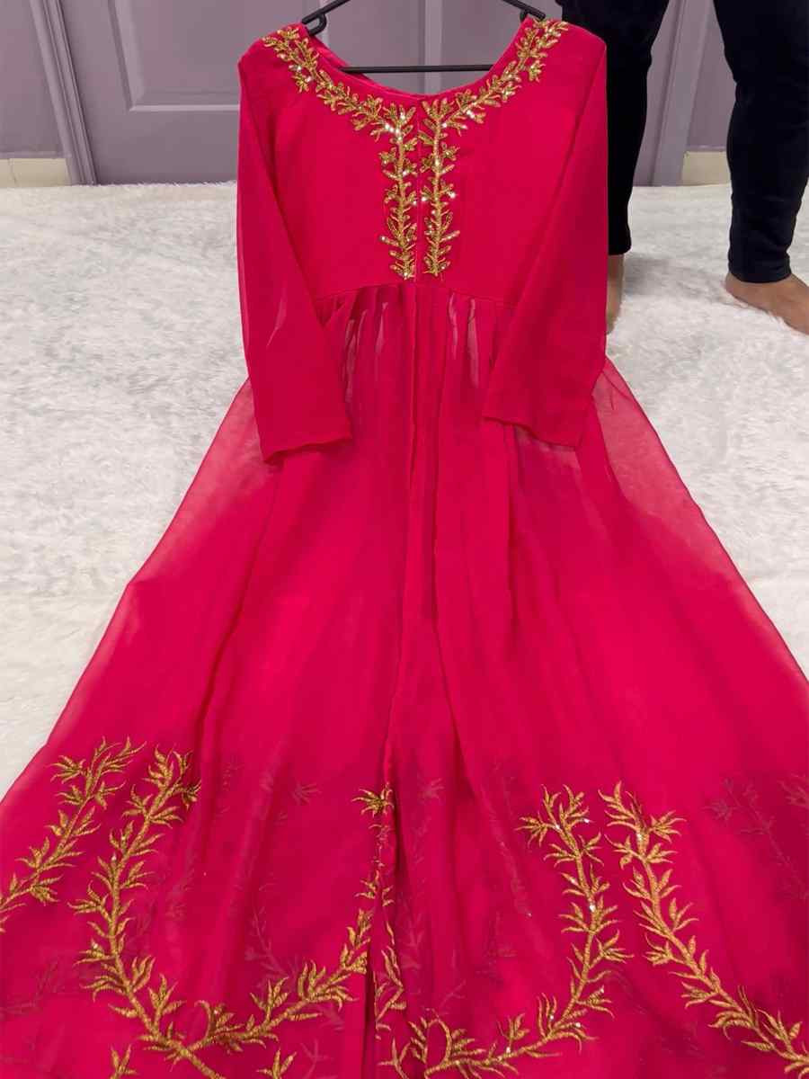 Rani Pink Georgette Embroidered Festival Casual Kurti with Bottom