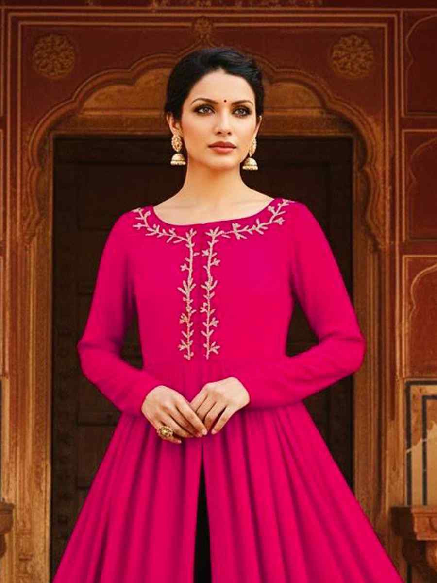 Rani Pink Georgette Embroidered Festival Casual Kurti with Bottom